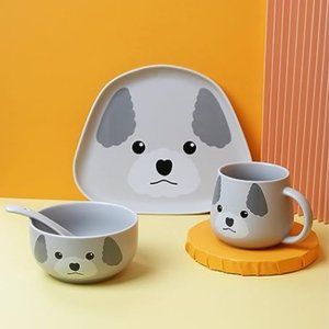 4 pc - Cute Dog Ceramic Dinnerware Set  (Grey)